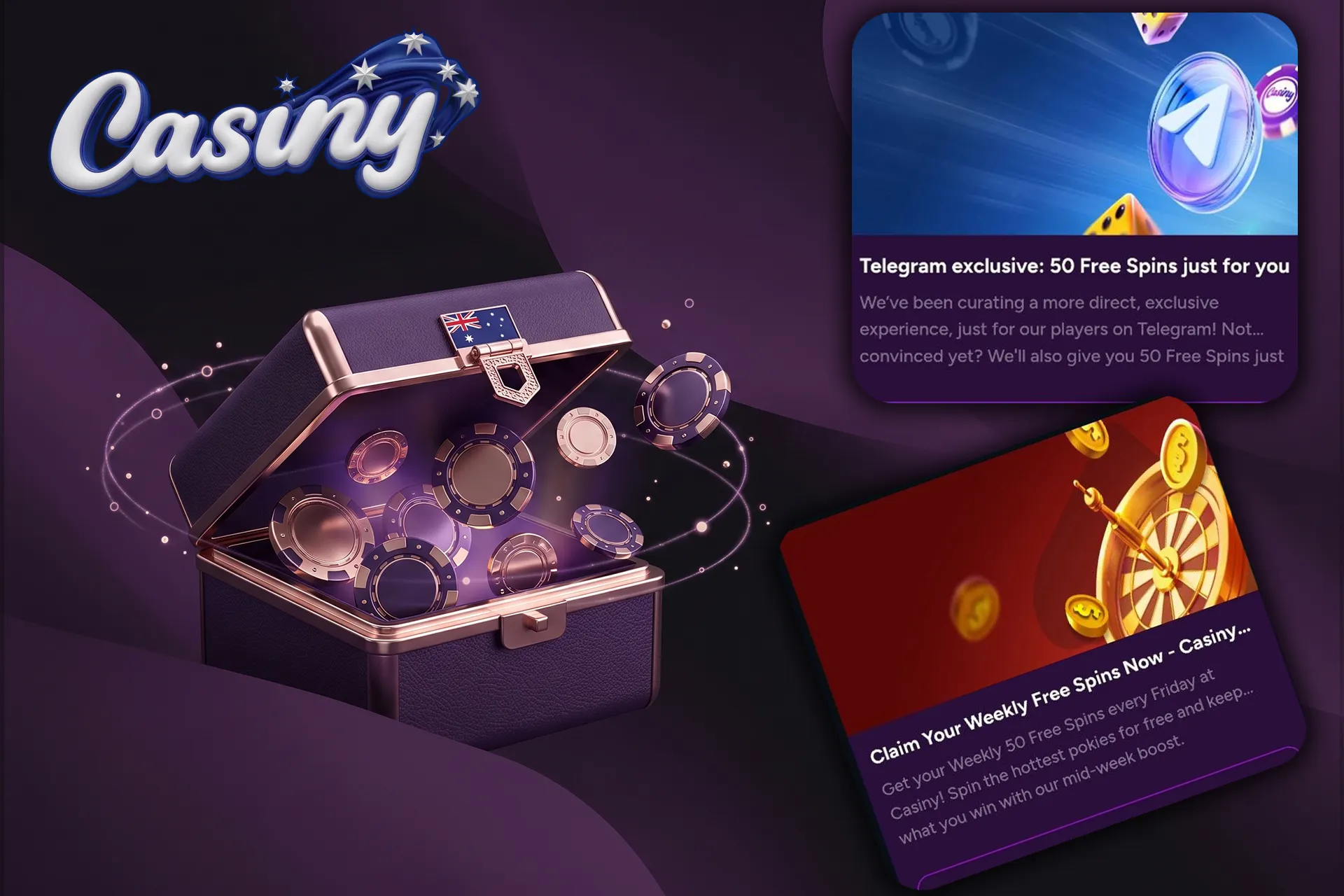 Weekly free spins and Telegram exclusive casino promotions, illustrated by an open chest full of chips and bonus notification cards